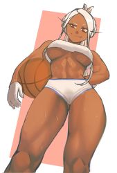 Rule 34 | 1girl, animal ears, arm behind back, ball, bare shoulders, basketball, basketball (object), boku no hero academia, breasts, cosplay, covered erect nipples, cowboy shot, crop top, dark-skinned female, dark skin, from below, gloves, highleg shorts, highres, holding, holding ball, large breasts, legs, lola bunny, lola bunny (cosplay), long eyelashes, long hair, looking at viewer, looking down, midriff, mirko, navel, parted bangs, pony (animal), rabbit ears, rabbit girl, red eyes, shorts, smile, solo, space jam, sportswear, sweat, thick thighs, thighs, tied ears, underboob, upshirt, white gloves, white hair, white shorts, zukululuu