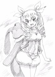 Rule 34 | 10s, 1girl, :d, anchovy (girls und panzer), camisole, clenched hand, commentary, drill hair, girls und panzer, graphite (medium), greyscale, hair ribbon, head tilt, holding, holding stuffed toy, long hair, looking at viewer, makicha (sasurainopink), monochrome, open mouth, oversized object, pajamas, puffy shorts, ribbon, shorts, sketch, smile, solo, standing, stuffed animal, stuffed rabbit, stuffed toy, traditional media, twin drills, twintails