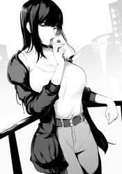 Rule 34 | 1girl, absurdres, belt, breasts, coffee cup, cup, disposable cup, drinking, greyscale, high-waist pants, highres, jacket, large breasts, long hair, looking at viewer, lynus, monochrome, naoko (lynus), open clothes, open jacket, original, pants, shirt, tank top, white shirt