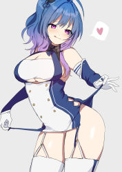 Rule 34 | 1girl, absurdres, ahoge, argyle, argyle clothes, argyle cutout, azur lane, bare shoulders, blue gloves, blue hair, blush, breasts, buttons, cleavage, closed mouth, clothes lift, clothes pull, clothing cutout, dress, dress lift, dress pull, elbow gloves, garter straps, gloves, grey background, hair ornament, heart, highres, large breasts, licking lips, long hair, looking at viewer, ponytail, purple eyes, shirasu uni, sidelocks, simple background, smile, solo, spoken heart, st. louis (azur lane), taut clothes, taut dress, thighhighs, thighs, tongue, tongue out, underboob cutout, white thighhighs