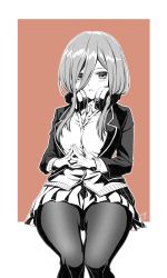 Rule 34 | 1girl, bad id, bad pixiv id, blazer, blush, breasts, cardigan, commentary, feet out of frame, fingers together, go-toubun no hanayome, greyscale, hair between eyes, headphones, headphones around neck, jacket, legs, medium breasts, medium hair, monochrome, nakano miku, open mouth, pantyhose, pink theme, sitting, skirt, solo, taka t, thighs