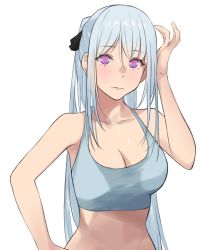 Rule 34 | 1girl, ak-12 (girls&#039; frontline), artificial eye, bodysuit, breasts, cleavage, collarbone, defy (girls&#039; frontline), girls&#039; frontline, hair ornament, hair ribbon, hand in own hair, highres, long hair, looking at viewer, mechanical eye, medium breasts, purple eyes, ribbon, shirt, silver hair, simple background, solo, talnory, white background, white shirt