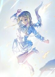 Rule 34 | 1girl, absurdres, alice zuberg, arm up, blonde hair, blue eyes, bow, braid, braided ponytail, closed mouth, collared dress, commentary, dress, falling petals, hair bow, hairband, high heels, highres, long hair, looking ahead, petals, sidelocks, simple background, smile, solo, standing, standing on one leg, sword art online, sword art online: alicization, very long hair, white dress, white footwear, white hairband, yoru kiri