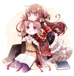 Rule 34 | 2girls, arm support, arms around neck, ayumaru (art of life), beige background, black cape, black legwear, book, book on lap, braid, brown hair, brown ribbon, cape, chin rest, closed eyes, curly hair, dress, expressionless, facing viewer, frilled dress, frilled sleeves, frills, full body, furrowed brow, gradient background, hair ribbon, hair rings, hat, head on head, head rest, highres, hiiragi nemu, kneeling, layered dress, light blush, light brown hair, long hair, long sleeves, looking at another, looking up, magia record: mahou shoujo madoka magica gaiden, mahou shoujo madoka magica, mortarboard, multiple girls, open book, open mouth, pantyhose, parted lips, purple eyes, purple legwear, red ribbon, ribbon, satomi touka, seiza, simple background, sitting, sleeves past wrists, sparkle, tassel, twin braids, white background, wide sleeves