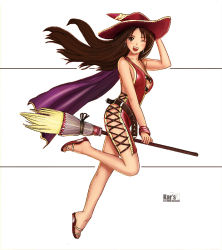 Rule 34 | 1girl, belt, breasts, broom, broom riding, brown eyes, brown hair, cape, earrings, halloween, hat, jewelry, karanak, legs, long hair, one eye closed, open mouth, original, sandals, solo, wink, witch, witch hat