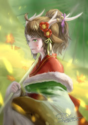 Rule 34 | 1girl, antlers, bell, brown hair, flower, fur trim, green eyes, hair flower, hair ornament, horns, japanese clothes, kano (p&amp;d), kimono, leaf, maple leaf, oil-paper umbrella, ponytail, puzzle &amp; dragons, scotishfold, solo, umbrella