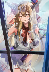 Rule 34 | 1girl, absurdres, against window, alternate breast size, blonde hair, blush, bow, bowtie, breasts, brown horns, buttons, cleavage, commentary request, cowboy shot, crossed bangs, hair between eyes, hair bow, highres, horn bow, horn ornament, horns, ibuki suika, kamu kotan, large breasts, long hair, looking at viewer, parted lips, purple bow, purple skirt, red bow, red bowtie, shirt, skirt, sleeveless, sleeveless shirt, solo, touhou, very long hair, white shirt, window, wrist cuffs