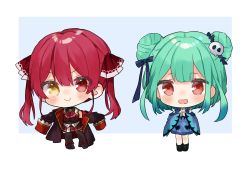 Rule 34 | 2girls, :d, ascot, black legwear, blush, bow, chibi, closed mouth, coat, double bun, gradient hair, green hair, hair bow, hair bun, hair ornament, hands up, heterochromia, highres, hololive, houshou marine, long sleeves, looking at viewer, multicolored hair, multiple girls, noi mine, open clothes, open coat, open mouth, own hands together, red ascot, red eyes, red hair, skull hair ornament, smile, thighhighs, twintails, uruha rushia, uruha rushia (1st costume), virtual youtuber, wide sleeves, yellow eyes
