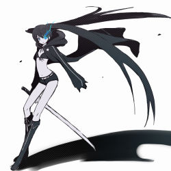 Rule 34 | 10s, 1girl, belt, bikini, bikini top only, black hair, black rock shooter, black rock shooter (character), blue eyes, boots, cape, coat, flat chest, front-tie top, full body, gloves, glowing, glowing eyes, hatsune miku, hood, hooded jacket, jacket, katana, knee boots, koshikawa guu, long hair, midriff, monochrome, navel, pale skin, short shorts, shorts, solo, spot color, star (symbol), swimsuit, sword, twintails, uneven twintails, very long hair, vocaloid, weapon, wind