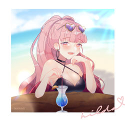 Rule 34 | 1girl, artist name, breasts, choker, cleavage, drinking straw, earrings, eyewear on head, female focus, fire emblem, fire emblem: three houses, glass, heart, highres, hilda valentine goneril, inkanii, jewelry, large breasts, long hair, matching hair/eyes, nintendo, open mouth, pink eyes, pink hair, ponytail, signature, smile, solo, sunglasses, table, upper body