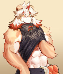 Rule 34 | 1boy, abs, arknights, bara, black shirt, blush, clothes lift, colored tips, commentary, english commentary, furry, furry male, hand on own chest, horns, hung (arknights), komainu boy, komainu ears, looking at viewer, male focus, multicolored hair, muscular, muscular male, ryulabo, shirt, shirt lift, single horn, sleeveless, sleeveless shirt, underpec, wavy mouth, yellow eyes