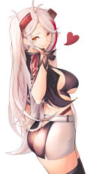 Rule 34 | 1girl, ass, azur lane, belt, black skirt, blowing kiss, breasts, clothing cutout, cropped shirt, earpiece, earrings, from side, gloves, half gloves, headgear, heart, highres, jacket, jewelry, large breasts, long hair, microskirt, midriff, mole, mole on breast, multicolored hair, official alternate costume, open clothes, open jacket, panties, panty straps, prinz eugen (azur lane), prinz eugen (final lap) (azur lane), purple jacket, race queen, red hair, red panties, simple background, skirt, solo, standing, streaked hair, thighhighs, two-tone hair, two-tone skirt, underboob, underboob cutout, underwear, very long hair, white background, white belt, white hair, white skirt, yellow eyes, yusha m, zettai ryouiki