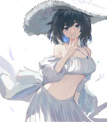 Rule 34 | 1girl, absurdres, alternate costume, arknights, bare shoulders, black hair, blue eyes, breasts, cleavage, commentary, grin, hand up, hat, highres, jewelry, kjera (arknights), large breasts, long sleeves, looking at viewer, off-shoulder shirt, off shoulder, pendant, shirt, short hair, simple background, skirt, skirt set, smile, solo, upper body, v, wawamachi (wawamachis), white background, white shirt, white skirt