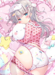 Rule 34 | 1girl, ahoge, blonde hair, blue eyes, blush, commentary, food print, frills, hair ornament, hairclip, heart, heart-shaped pillow, long hair, original, pajamas, panties, picpicgram, pillow, sleep mask, solo, star-shaped pillow, strawberry print, stuffed toy, symbol-only commentary, underwear, white panties