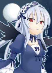 Rule 34 | 00s, 1girl, hairband, kou (pixiv51406), long hair, moon, red eyes, rozen maiden, silver hair, solo, suigintou, takami ryou, wings