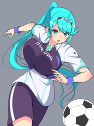 Rule 34 | 1girl, alternate costume, ball, breasts, chest jewel, f 1chan, female focus, green eyes, green hair, large breasts, long hair, matching hair/eyes, pneuma (xenoblade), ponytail, soccer ball, solo, swept bangs, tiara, very long hair, xenoblade chronicles (series), xenoblade chronicles 2