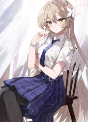 Rule 34 | 1girl, alternate costume, angel wings, black pantyhose, blue archive, blue necktie, blue skirt, blush, breasts, chair, collared shirt, feathered wings, feet out of frame, flower, hair between eyes, hair flower, hair ornament, highres, light brown hair, long hair, medium breasts, nagisa (blue archive), necktie, open mouth, pantyhose, pink flower, pleated skirt, shadowsinking, shirt, sitting, skirt, solo, white flower, white shirt, white wings, wings, yellow eyes