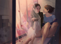 Rule 34 | 2girls, absurdres, bare legs, blowing kiss, blue shirt, brown hair, brown shirt, cherry blossoms, commentary, curtains, closed eyes, falling petals, highres, indoors, long hair, long sleeves, mmmilk, multiple girls, original, petals, shirt, short hair, short sleeves, sitting, window, yuri