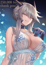 Rule 34 | 1girl, artoria pendragon (fate), artoria pendragon (lancer alter) (fate), artoria pendragon (lancer alter) (royal icing) (fate), babydoll, bare shoulders, black gloves, blue babydoll, blue background, blush, braid, breasts, choker, cleavage, eyelashes, fate/grand order, fate (series), french braid, gloves, gradient background, grey hair, grin, hair between eyes, hair bun, hair ornament, highres, horns, jewelry, large breasts, long hair, looking at viewer, mashuu (neko no oyashiro), necklace, official alternate costume, petals, sidelocks, single hair bun, slit pupils, smile, snowflake hair ornament, snowflake print, solo, swept bangs, thank you, yellow eyes