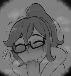 Rule 34 | 2boys, abarus, blush, completely nude, fellatio, glasses, heart, highres, huge penis, long hair, multiple boys, nude, oral, penis, ponytail, rolling eyes, stray pubic hair, trap, trembling, yaoi