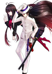 Rule 34 | 1boy, 1girl, absurdly long hair, ahoge, arm up, black footwear, black hair, black scarf, black shirt, black skirt, buttons, closed mouth, expressionless, fate (series), flying, gloves, gradient hair, grey eyes, gun, hair between eyes, hand in pocket, hand on headwear, hat, highres, holster, jacket, katana, koha-ace, leg up, long hair, long sleeves, looking at viewer, looking to the side, low ponytail, multicolored hair, neckerchief, no shoes, oryou (fate), pale skin, pants, pink eyes, pleated skirt, ponytail, red hair, red jacket, red legwear, red neckerchief, sakamoto ryouma (fate), scabbard, scarf, sheath, sheathed, shigure s, shirt, sidelocks, simple background, skirt, slit pupils, smile, standing, straight hair, sword, thigh holster, tsurime, v, very long hair, weapon, white background, white gloves, white hat, white pants