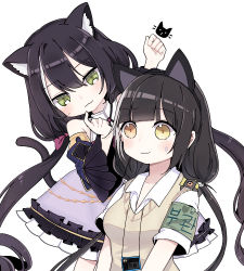 Rule 34 | animal ear fluff, animal ears, armband, banana (girls&#039; frontline), black hair, blush, cat ears, cat girl, cat tail, closed mouth, detached sleeves, dress, girls&#039; frontline, green eyes, hairband, heterochromia, karyl (princess connect!), long hair, mion ing, multicolored hair, princess connect!, ro635 (girls&#039; frontline), shirt, short sleeves, simple background, streaked hair, tail, two-tone hair, vest, white background, white hair, white shirt, yellow eyes