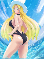 Rule 34 | 1girl, ass, backless swimsuit, black one-piece swimsuit, blonde hair, breasts, capcom, cloud, earrings, frontal wedgie, green eyes, hat, highres, jewelry, kalinka cossack (mega man), large breasts, legs, long hair, looking at viewer, looking back, mega man (classic), mega man (series), mega man 4, one-piece swimsuit, rockman xover, saikoraru, shiny clothes, shiny skin, sideboob, sky, smile, summer, sun hat, swimsuit, very long hair, wading, water, wedgie