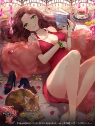 Rule 34 | 1girl, artist name, bad id, bad pixiv id, barefoot, book, bracelet, breasts, brown hair, cat, cleavage, coin, cup, dangmill, dated, dress, green gemstone, furyou michi ~gang road~, gem, gold, green eyes, jewelry, legs, long hair, lying, necklace, on back, original, pearl (gemstone), pearl necklace, red dress, red gemstone, saucer, shoes, unworn shoes, smile, solo, teacup