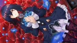 Rule 34 | 1girl, absurdres, afloat, black thighhighs, blood, bloody tears, blue dress, blue flower, blue hair, blurry, blurry foreground, bright pupils, chronobox, closed mouth, crack, cracked glass, crying, crying with eyes open, dress, eyes visible through hair, fingernails, flower, game cg, hair between eyes, heart, heart print, highres, holding, holding flower, long fingernails, long hair, looking at viewer, lying, multicolored clothes, multicolored legwear, official art, on back, petals, petals on liquid, pink lips, puffy sleeves, purple flower, red eyes, red thighhighs, shiro3necro, solo, tears, thighhighs, watch, water, white pupils, wristwatch