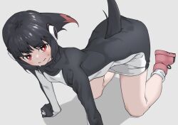 Rule 34 | 1girl, adelie penguin (kemono friends), all fours, bare legs, black hair, boots, clothing cutout, commentary, grey background, headphones, highres, kemono friends, long hair, looking at viewer, red eyes, red footwear, simple background, solo, sweat, tail, tail through clothes, tanabe (fueisei), wavy mouth