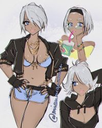Rule 34 | 1girl, alternate costume, alternate hairstyle, angel (kof), blue eyes, bra, breasts, cropped jacket, dark skin, fingerless gloves, glasses, gloves, hair over one eye, highres, jacket, jewelry, large breasts, leather, leather jacket, makeup, poririna, snk, strapless, strapless bra, the king of fighters, the king of fighters 2001, the king of fighters xiv, underwear, white hair