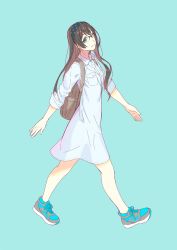 Rule 34 | 1girl, alternate costume, backpack, bag, black hair, black hairband, blue background, blue dress, breast pocket, commentary request, dress, full body, green eyes, grey footwear, hairband, highres, kantai collection, long hair, looking at viewer, ooyodo (kancolle), pocket, polka dot hairband, shoes, simple background, sneakers, solo, walking, yuuji (and)