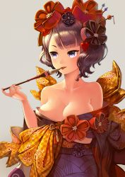 Rule 34 | 1girl, bare shoulders, blush, bow, breasts, calligraphy brush, checkered bow, checkered clothes, cleavage, collarbone, commentary request, fate/grand order, fate (series), female focus, fingernails, grey background, hair ornament, hand up, highres, holding, holding paintbrush, japanese clothes, katsushika hokusai (fate), kimono, large breasts, looking away, looking to the side, md5 mismatch, obi, off shoulder, paintbrush, purple eyes, purple hair, purple kimono, resolution mismatch, sash, short hair, simple background, solo, source smaller, tongue, tongue out, v-shaped eyebrows, yellow bow, yoka1chi