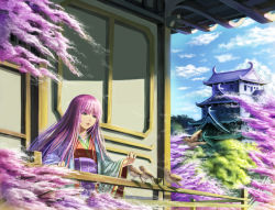 Rule 34 | 1girl, architecture, bad id, bad pixiv id, bird, castle, cctv008008, cherry blossoms, east asian architecture, green eyes, japanese clothes, long hair, purple hair, solo, tree