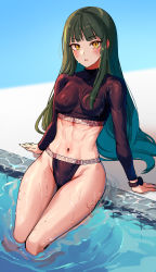 Rule 34 | 1girl, abs, absurdres, blunt bangs, blush, breasts, cameltoe, foxyreine, gradient clothes, green hair, groin, highres, knees together feet apart, leaning back, long hair, long sleeves, looking at viewer, medium breasts, midriff, navel, open mouth, original, rash guard, sitting, skin tight, solo, sweat, taut clothes, thighs, watch, wet, wet clothes, wet hair, yellow eyes