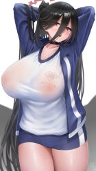 Rule 34 | 1girl, arms behind head, black choker, black hair, black wings, blue archive, blue jacket, blue shorts, breasts, choker, collared jacket, commentary request, covered erect nipples, cowboy shot, eyes visible through hair, feathered wings, gym shirt, gym shorts, gym uniform, hair between eyes, halo, hasumi (blue archive), hasumi (track) (blue archive), highres, huge breasts, jacket, kono (xerondan321), large wings, legs together, long hair, looking at viewer, low wings, mole, mole under eye, no bra, open clothes, open jacket, open mouth, ponytail, red eyes, red halo, see-through, shirt, shorts, solo, very long hair, white shirt, wings