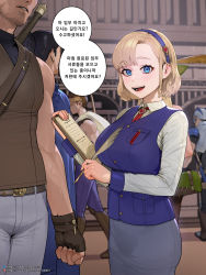Rule 34 | 1girl, armor, black hair, blonde hair, blue eyes, blue hairband, blue vest, blush, breasts, buttons, feathers, fingerless gloves, gloves, hairband, helmet, highres, holding, holding feather, indoors, korean text, large breasts, long sleeves, looking at viewer, multiple boys, open mouth, original, pants, shirt, short hair, skirt, smile, sohn woohyoung, solo focus, speech bubble, standing, teeth, translation request, upper teeth only, vest, walking, white shirt