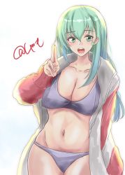 Rule 34 | 1girl, absurdres, aqua eyes, aqua hair, bikini, breasts, cowboy shot, hair ornament, hairclip, highres, kantai collection, large breasts, long hair, looking at viewer, navel, one-hour drawing challenge, open mouth, purple bikini, shamo (ptwmjgda), simple background, solo, suzuya (kancolle), swimsuit, teeth, twitter username, upper teeth only, white background