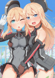 Rule 34 | 10s, 2girls, anchor, anchor hair ornament, aqua eyes, bare shoulders, bismarck (kancolle), black ribbon, black skirt, blonde hair, blue eyes, blush, breasts squeezed together, breasts, brown gloves, cloud, commentary request, convenient censoring, covering privates, covering crotch, day, detached sleeves, embarrassed, gloves, hair ornament, hat, highres, hug, kantai collection, large breasts, long hair, long sleeves, looking at viewer, low twintails, microskirt, military, military hat, military uniform, multiple girls, no panties, one eye closed, open mouth, outdoors, peaked cap, pleated skirt, prinz eugen (kancolle), ribbon, skirt, sky, standing, tachimi (basue), twintails, uniform, white gloves, wind