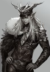 Rule 34 | 1boy, belt, black cape, black hat, cape, cleavage cutout, clothing cutout, earrings, elf, fur trim, grey background, greyscale, hands on own hips, hat, highres, jewelry, long hair, looking at viewer, male focus, monochrome, necklace, original, pointy ears, solo, standing, tahra