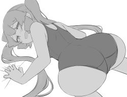 Rule 34 | 1girl, abmayo, all fours, alternate costume, ass, bare arms, bare shoulders, blush, breasts, from behind, grey background, greyscale, hatsune miku, long hair, medium breasts, monochrome, open mouth, simple background, solo, swimsuit, twintails, vocaloid
