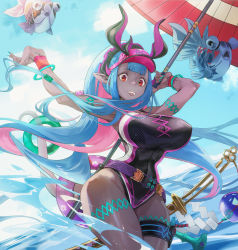 Rule 34 | 1girl, absurdres, bare shoulders, black one-piece swimsuit, blue hair, blue sky, blush, body markings, breasts, choker, cleavage, collarbone, colored skin, covered navel, dark-skinned female, dark skin, earrings, fate/grand order, fate (series), fish, hair between eyes, hat, highleg, highleg swimsuit, highres, horns, ibuki douji (fate), ibuki douji (swimsuit berserker) (fate), ibuki douji (swimsuit berserker) (first ascension) (fate), jewelry, katana, large breasts, long hair, looking at viewer, multicolored hair, oil-paper umbrella, one-piece swimsuit, oni, oni horns, pink hair, pink hat, pink one-piece swimsuit, pointy ears, ponytail, red eyes, sidelocks, sky, smile, solo, swimsuit, sword, tail, thighs, two-tone swimsuit, umbrella, visor cap, weapon, wet, wristband, zuihou de miao pa si
