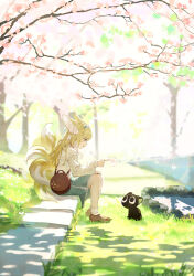 Rule 34 | 1girl, absurdres, animal ear fluff, animal ears, ankle socks, aqua hairband, aqua skirt, arknights, bag, black cat, blonde hair, bobby socks, brown bag, brown footwear, cardigan, cat, cherry blossoms, commentary, cross-laced clothes, cross-laced skirt, cross-laced slit, crossover, fox ears, fox girl, fox tail, frilled hairband, frills, from side, full body, green eyes, hair ornament, hair scrunchie, hairband, handbag, highres, kitsune, kyuubi, long hair, long sleeves, luo xiaohei, luo xiaohei zhanji, mary janes, multicolored hair, multiple tails, neck ribbon, nihnfinite8, official alternate costume, open cardigan, open clothes, outdoors, puffy long sleeves, puffy sleeves, red ribbon, ribbon, round bag, scrunchie, shoes, shoulder bag, sitting, skirt, socks, solo, suzuran (arknights), suzuran (spring praise) (arknights), tail, two-tone hair, white cardigan, white socks