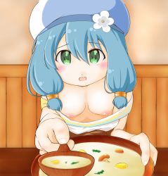 Rule 34 | 1girl, blue hair, blush, breasts, downblouse, endro!, extended downblouse, flower, food, green eyes, hair flower, hair ornament, hat, highres, indoors, looking at viewer, low twintails, medium breasts, medium hair, meiza endust, nipples, no bra, open mouth, pov, rugaru, solo, twintails, wooden spoon