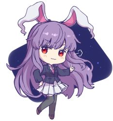 Rule 34 | 1girl, animal ears, black jacket, black thighhighs, blush, brown footwear, closed mouth, collared shirt, full body, iris anemone, jacket, long hair, long sleeves, necktie, pleated skirt, purple hair, rabbit ears, red eyes, red necktie, reisen udongein inaba, shirt, shoes, sketch, skirt, smile, solo, thighhighs, touhou, white background, white shirt, white skirt