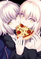 Rule 34 | 2girls, ahoge, artoria pendragon (all), artoria pendragon (fate), black dress, blonde hair, blue jacket, breasts, cheek-to-cheek, cleavage, commentary request, dress, eating, fate/grand order, fate/stay night, fate (series), food, food on face, fur-trimmed jacket, fur trim, green eyes, hair between eyes, hand up, heads together, jacket, jeanne d&#039;arc (fate), jeanne d&#039;arc alter (fate), jeanne d&#039;arc alter (ver. shinjuku 1999) (fate), jewelry, long sleeves, medium breasts, multiple girls, nishimura eri, official alternate costume, open clothes, open jacket, pendant, pizza, pizza slice, saber alter, shared food, silver hair, wicked dragon witch ver. shinjuku 1999, yellow eyes
