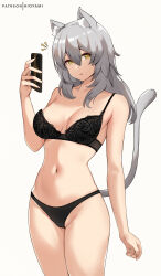 Rule 34 | 1girl, absurdres, animal ear fluff, animal ears, bare arms, bare shoulders, black bra, black panties, bra, breasts, cat ears, cat tail, cleavage, commentary request, cowboy shot, stelle (honkai: star rail), grey background, grey hair, groin, hair between eyes, hand up, highres, hioyami, holding, honkai: star rail, honkai (series), kemonomimi mode, large breasts, long hair, looking at viewer, navel, panties, parted lips, simple background, solo, standing, stomach, tail, thighs, trailblazer (honkai: star rail), underwear, underwear only, yellow eyes