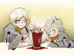 Rule 34 | 1boy, 2girls, blonde hair, blood, blue eyes, commentary request, constricted pupils, cup, drinking straw, faust (project moon), gauntlets, geomdal, grey eyes, grey hair, grin, highres, korean commentary, kromer (project moon), limbus company, long sleeves, medium hair, mini person, miniboy, multicolored hair, multiple girls, o o, open mouth, project moon, shirt, short hair, sinclair (project moon), single gauntlet, smile, wax seal, white shirt