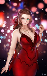 Rule 34 | 1girl, aerith gainsborough, aerith gainsborough (red dress), aqua eyes, armlet, artist name, back bow, backlighting, blurry, bokeh, bow, breasts, brown hair, cleavage, closed mouth, collarbone, cowboy shot, depth of field, dress, easonx, evening gown, final fantasy, final fantasy vii, final fantasy vii remake, fingernails, forehead, hair ribbon, highres, jewelry, large bow, large breasts, long hair, looking at viewer, nail polish, necklace, ponytail, red bow, red dress, red nails, red ribbon, ribbon, signature, smile, solo, square enix, star (symbol), star necklace, strapless, strapless dress, very long hair, wall market, wristband