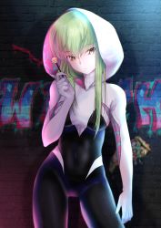 Rule 34 | 1girl, absurdres, against wall, black bodysuit, bodysuit, brick wall, budgiepon, c.c., candy, closed mouth, code geass, cosplay, cowboy shot, food, green hair, hair between eyes, highres, holding, holding candy, holding food, holding lollipop, hood, hooded bodysuit, lollipop, long hair, looking at viewer, marvel, multicolored bodysuit, multicolored clothes, solo, spider-gwen, spider-gwen (cosplay), spider-man (series), standing, white bodysuit, yellow eyes